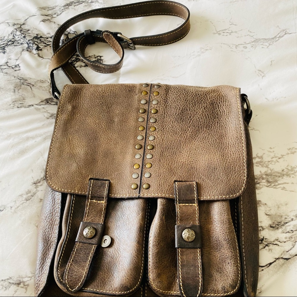 Patricia Nash Brown Leather Studded Flap Satchel